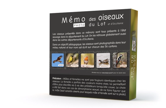 Dos de la boîte du jeu Mémory photo des oiseaux du Lot et d'Occitanie